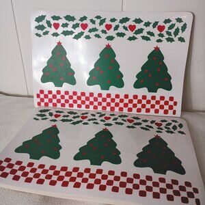 VTG 90's Christmas Tree Vinyl Placemats Set of 6 Red Green Hearts Checkerboard